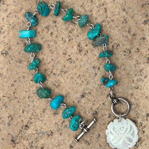 Turquoise chunks bracelet, Mother of Pearl Rosette, silver chain